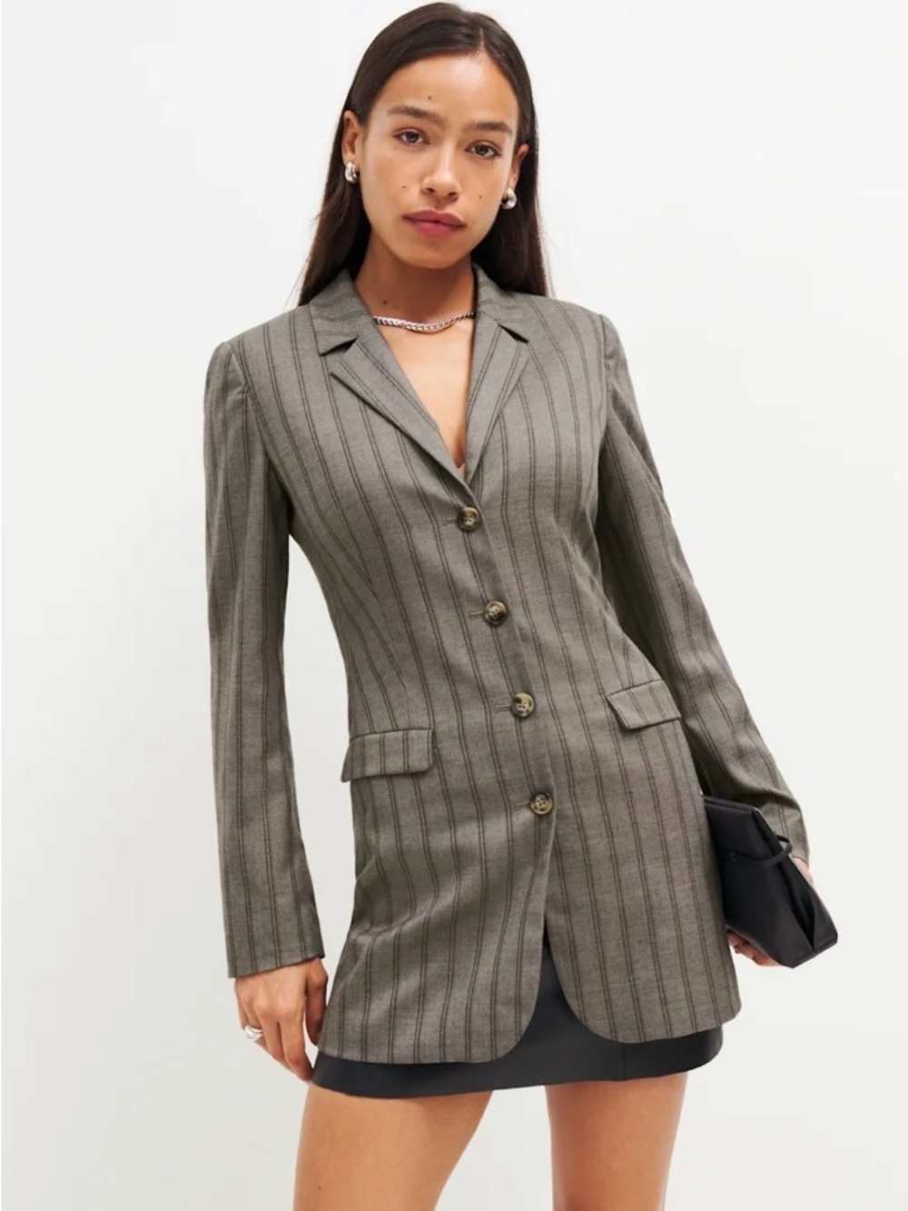 Reformation Jacques Long Fitted Blazer Gray Pinstripe (NWOT)